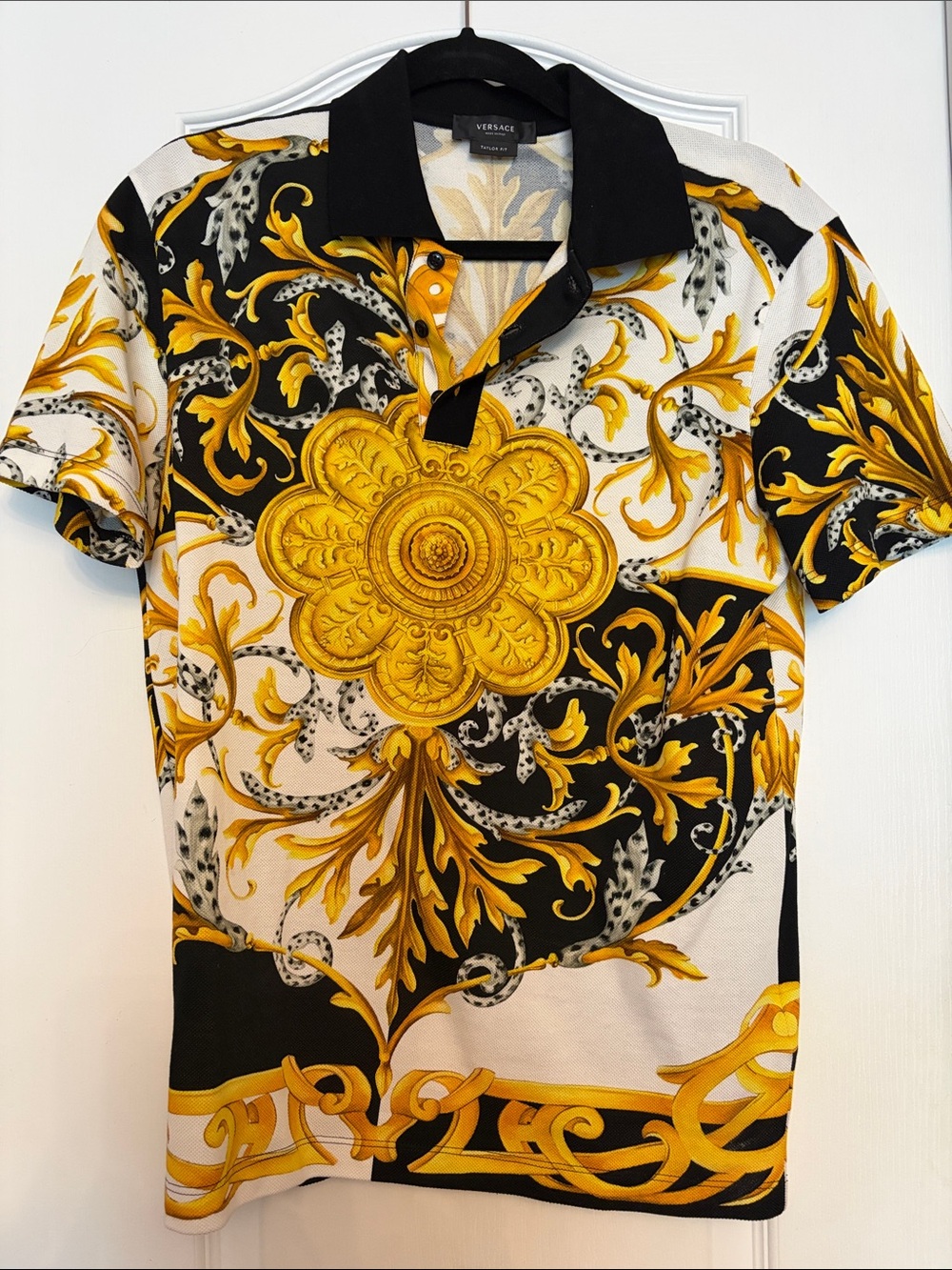 Versace Black, White & Gold Baroque Cotton Polo Shirt